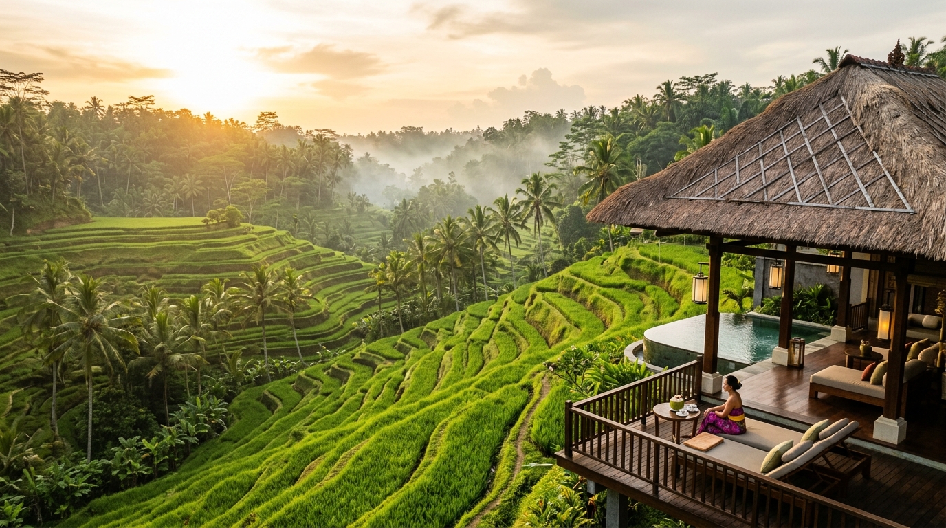 Bali Indonesia Rice Terraces and Tropical Resort