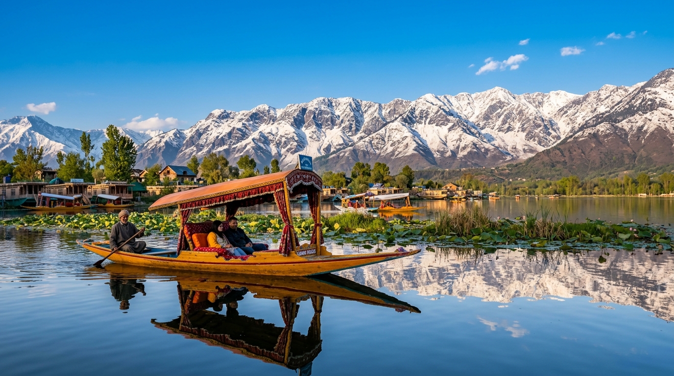 Kashmir Dal Lake Shikara and Himalayan Peaks
